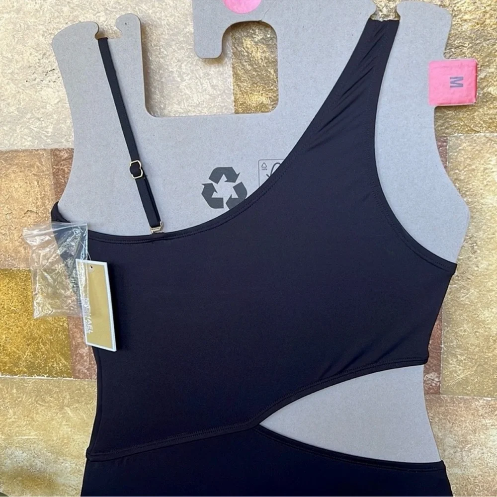 NEW Michael Kors One Shoulder O-Ring Black Cut-Out One Piece Swimsuit, Size 8